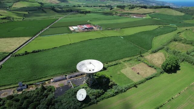 Aerial view of the abandoned Marconi satellite ground station in Faja de Cima, Sao Miguel, Azores, Portugal.