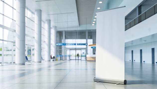 vertical banner mockup, standee, display stand, banner, exhibition poster, indoor advertising, modern lobby display, promo stand mockup