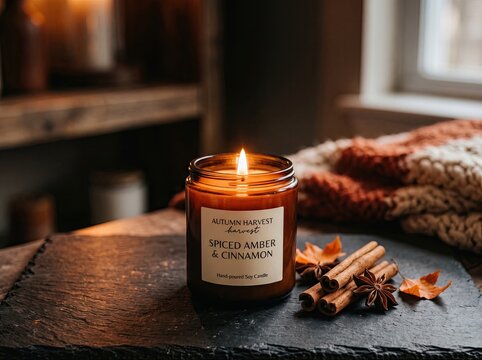 Cozy autumn scented candle burning with cinnamon sticks and autumn leaves on a slate board