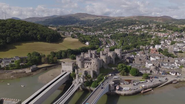 Aerial view of Conwy Castle in North Wales. Historic medieval architecture and Welsh heritage and culture