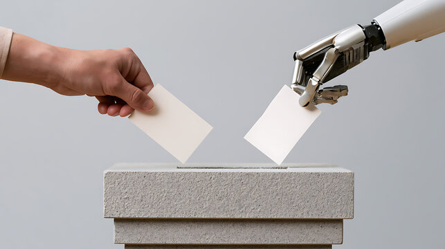 Human and robotic hands cast ballots into a voting box, symbolizing the intersection of humanity and artificial intelligence in democratic processes and future decisions