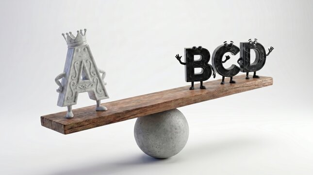 Unequal Balance: A whimsical seesaw illustrates a stark imbalance, with a crowned letter A outweighing the group of letters BCD, symbolizing disparity or dominance.