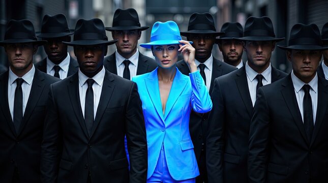 Standing Out from the Crowd: A woman in a striking blue suit and hat is surrounded by a team of men in black suits and hats, exuding confidence and individuality.