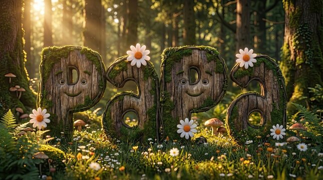 Enchanted Forest Papa: Whimsical moss-covered wooden letters spell out Papa amidst a sun-dappled forest floor, adorned with delicate daisies and mushrooms. The scene evokes warmth, nature.