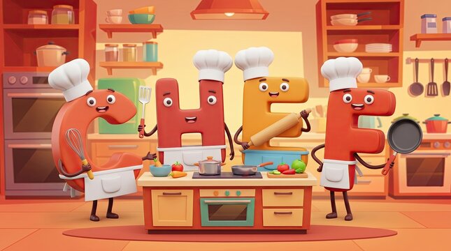 Culinary Capers: Whimsical letters spelling CHEF don animated chef hats and aprons, busily engaged in a cartoon kitchen with cooking utensils and ingredients, exuding fun and playful energy.