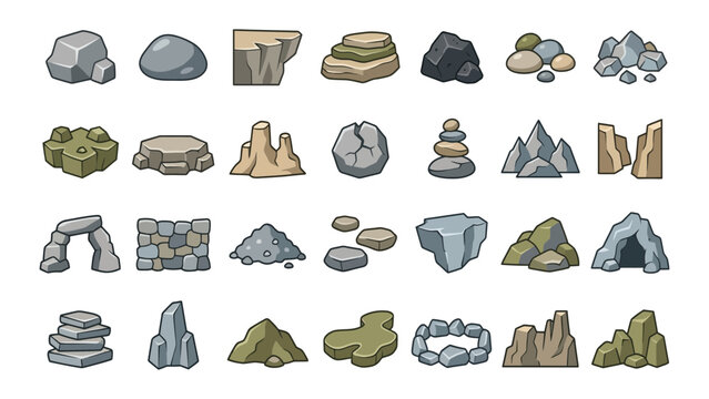 Set of diverse rocks and stone icons featuring various shapes like boulders pebbles cliffs and mountain formations for game design