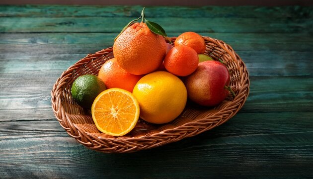 Buah Jeruk Segar Di Dalam Keranjang Anyaman Dengan Satu Jeruk Kupas Di Atas Meja Kayu