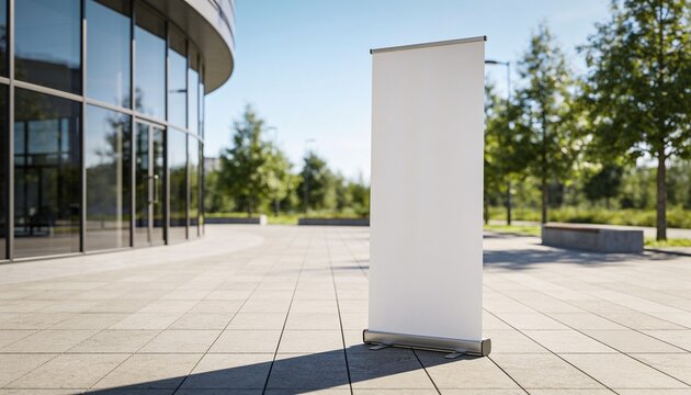 modern corporate building glass facade, roll up, banner mockup, outdoor display, advertising banner, blank poster