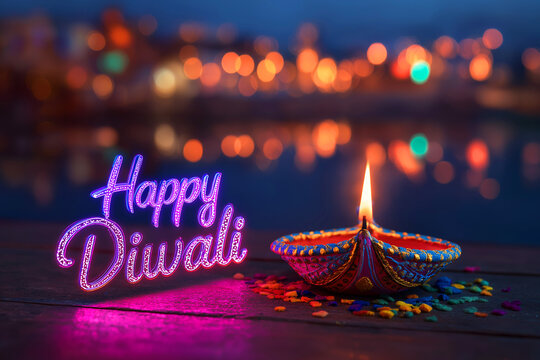 Happy Diwali Greeting with Colorful Diya Oil Lamp and Festive Bokeh Lights, ai generated