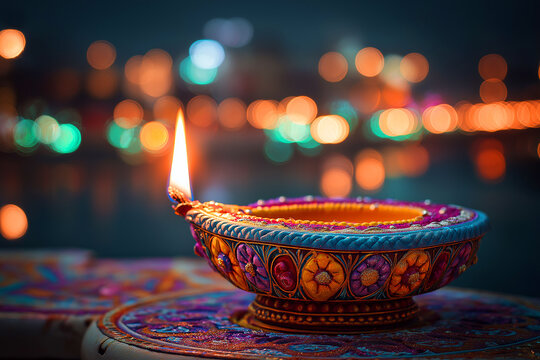 Colorful Diya Oil Lamp with Glowing Flame and Festive Bokeh Lights for Diwali, ai generated