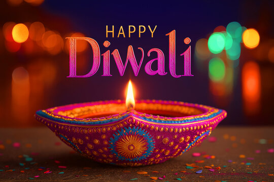 Happy Diwali Greeting with Colorful Diya Oil Lamp and Festive Bokeh Lights, ai generated