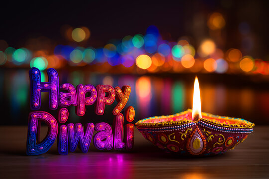 Happy Diwali Greeting with Colorful Diya Oil Lamp and Festive Bokeh Lights, ai generated