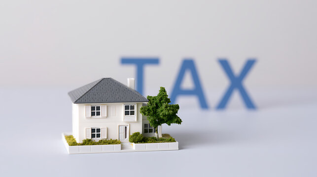 Miniature House Model and Green Tree with Blurred Blue Word for Property Taxes, Real Estate Finance, Home Ownership Costs, and Investment