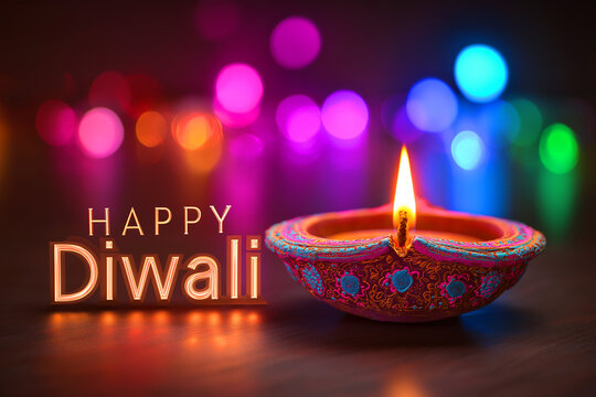 Happy Diwali Greeting with Colorful Diya Oil Lamp and Festive Bokeh Lights, ai generated