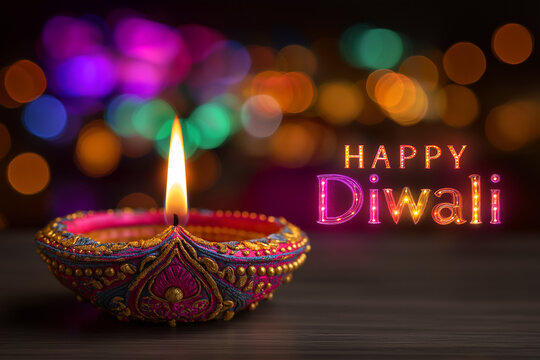 Happy Diwali Greeting with Colorful Diya Oil Lamp and Festive Bokeh Lights, ai generated