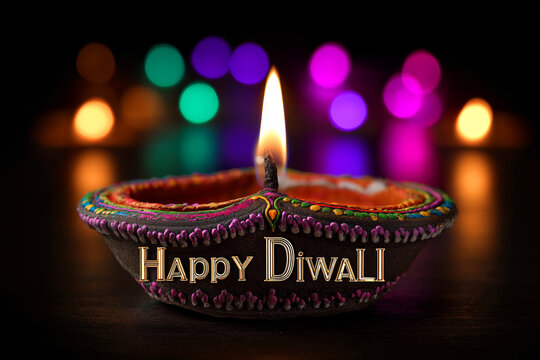Happy Diwali Greeting with Colorful Diya Oil Lamp and Festive Bokeh Lights, ai generated