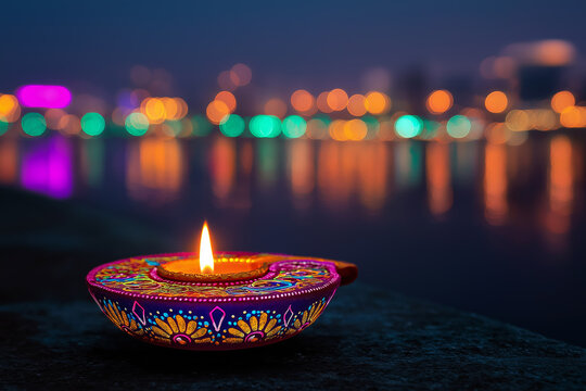 Colorful Diya Oil Lamp with Glowing Flame and Festive Bokeh Lights for Diwali, ai generated