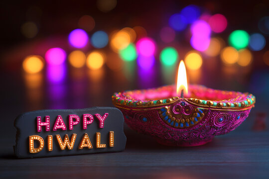 Happy Diwali Greeting with Colorful Diya Oil Lamp and Festive Bokeh Lights, ai generated
