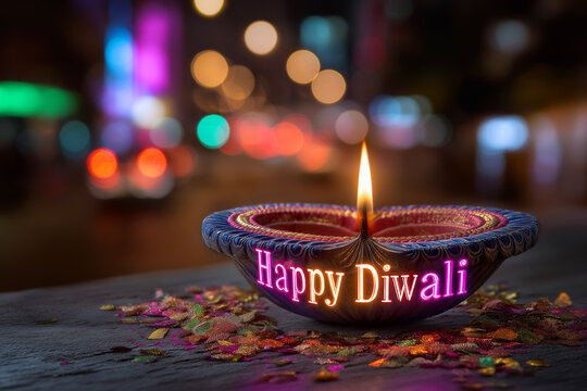 Happy Diwali Greeting with Colorful Diya Oil Lamp and Festive Bokeh Lights, ai generated