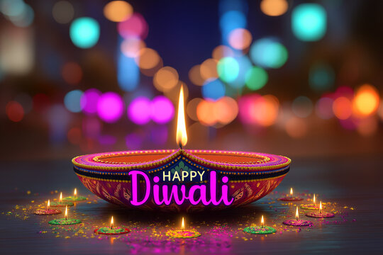 Happy Diwali Greeting with Colorful Diya Oil Lamp and Festive Bokeh Lights, ai generated