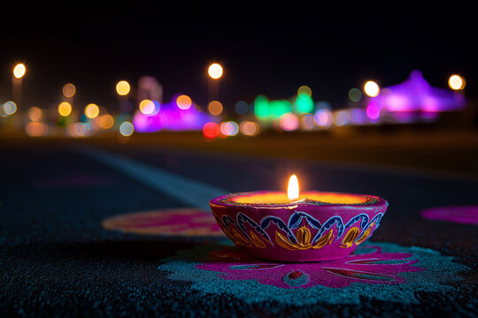 Colorful Diya Oil Lamp with Glowing Flame and Festive Bokeh Lights for Diwali, ai generated