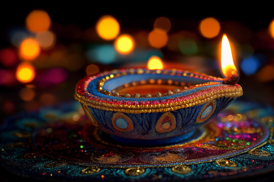 Colorful Diya Oil Lamp with Glowing Flame and Festive Bokeh Lights for Diwali, ai generated