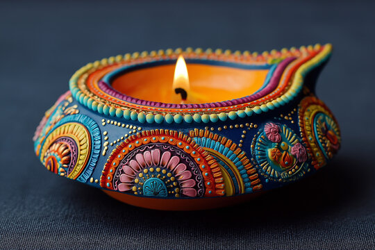 Colorful Decorative Diya Oil Lamp Glowing on Black Background for Diwali Festival, ai generated