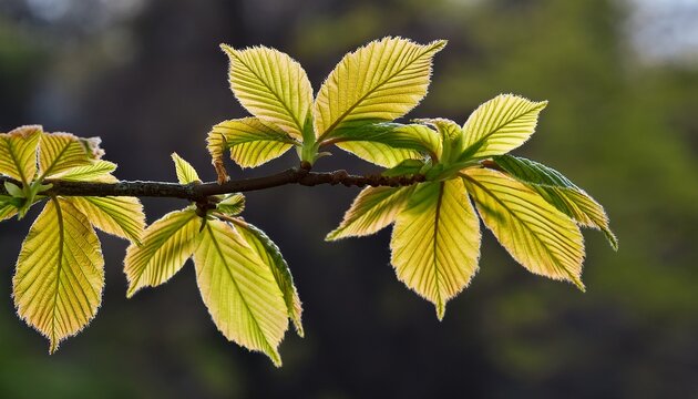 Shagbark Hickory Branch Displaying Fresh Compound Leaves Developing From Bud Formations In Spring