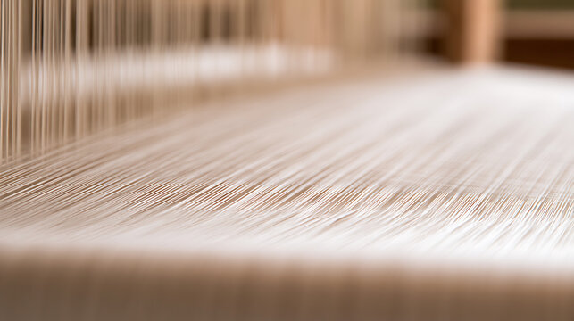 Close up of textile weaving loom with natural colored threads, showcasing craftsmanship, tradition, and intricate details of fabric production