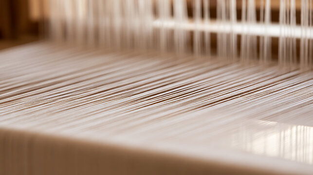 Close-up detail of white threads on a traditional loom, highlighting the intricate texture and craftsmanship of textile creation