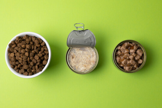 different types of pet food. Dry food and canned food, top view