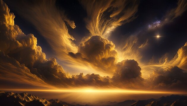 Dramatic Golden Clouds Swirling In A Cosmic Sky