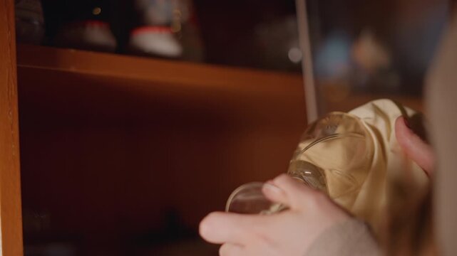 Close up drying crystal goblet with cloth, slow careful motion focusing on stem and bowl, warm shelf background, domestic hospitality prep for table service, pristine shine and delicate handling