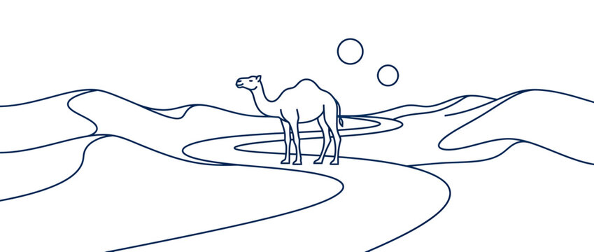Lone camel walking on desert dunes, graphic line art