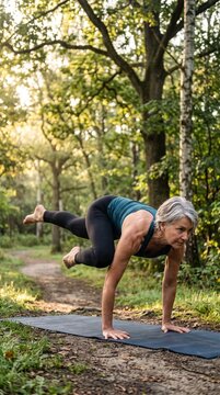 Fit Woman Yoga Balance Pose Outdoors