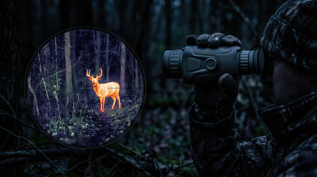 Hunter using thermal monocular to spot deer in deep forest at night. Man looking through high tech thermal imager. Night vision equipment for wildlife tracking and nature observation.