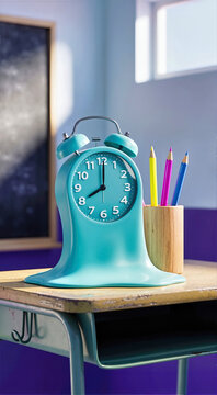 Turquoise melting alarm clock on vintage school desk with colored pencils in wooden holder. Surreal back to school educational concept for time management, morning rush and classroom schedule