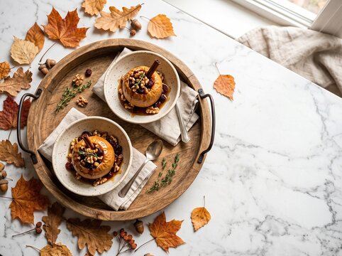 Delicious baked apples stuffed with nuts and spices on a wooden tray with autumn leaves on marble table