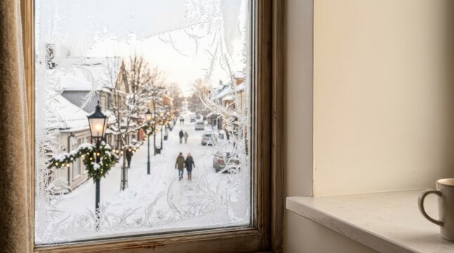 Frosted window overlooking snowy street with Christmas lights and garland, offering a cozy winter view with copy space