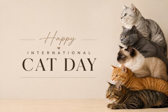 Happy International Cat Day greeting card. A funny stack of five different purebred cats sitting on top of each other on a pastel beige background with text