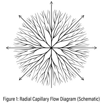 Radial capillary flow schematic diagram with branching network lines ink drops