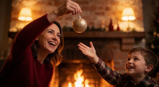 Joyful moment decorating a fireplace for Christmas as a woman tosses an ornament for a laughing boy to catch.