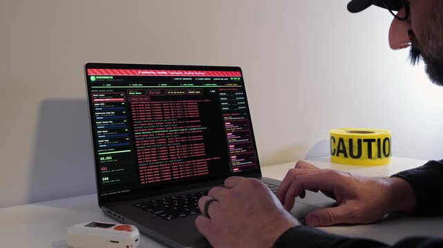 Disguised hacker operating rogue access point interface on a laptop executing evil twin attack harvesting credentials from unsecure public networks