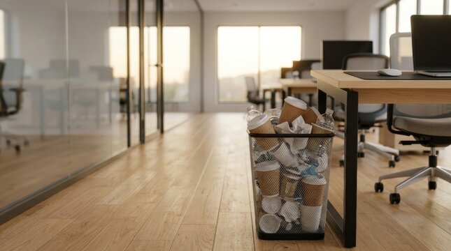 Overflowing office trash bin with used coffee cups and plastic bottles at end of day, modern workplace interior, warm natural light, copy space