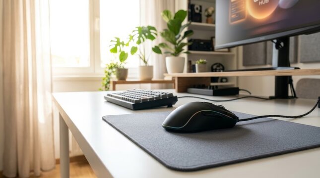 Modern gaming mouse on a clean desk with soft daylight, perfect for tech and gaming content with copy space