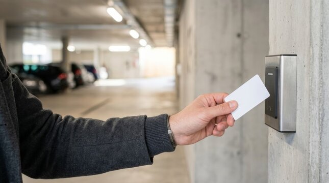 Hand holding access card to keycard reader in modern underground parking garage