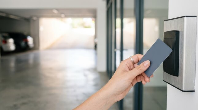 Hand with access card approaching security reader in underground parking garage of modern residential building