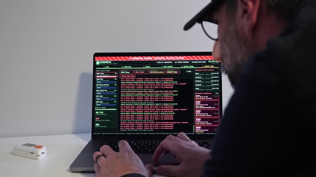 Disguised hacker operating rogue access point interface on a laptop executing evil twin attack harvesting credentials from unsecure public networks