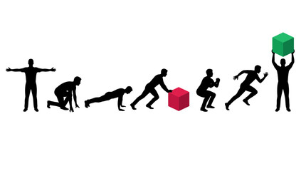 Obraz premium Silhouettes of diverse active men performing fitness exercises and moving colored cubes across white background