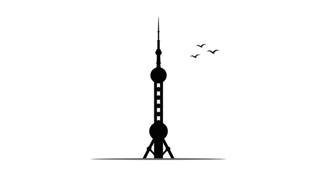 Oriental pearl tower silhouette rendered in sharp black ink style against a clean solid white background